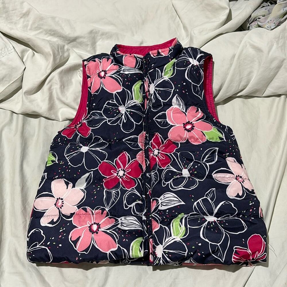 Gymboree S 5/6 navy hot pink white floral puffer vest pockets nwot
